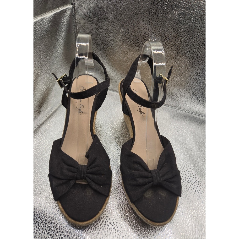 American Eagle Womens Black Canvas Bow Espadrille Wedge Sandals Size 10
